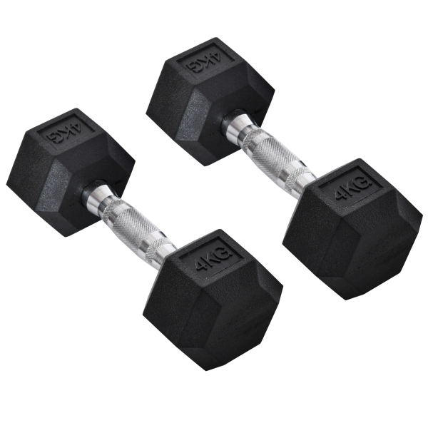 HOMCOM Conjunto de Halteres de 2x4 kg com Barra Metálica e Cabeça Hexagonal Conjunto Pesos para Treino 27,2x10,5 cm Preto e Prata