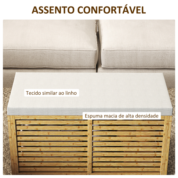 HOMCOM Baú de Arrumação para Dormitório 122L Estofado em Linho Sintético com Almofada Estrutura de Bambu 90x42x43 cm Cinza e Madeira - Image 5
