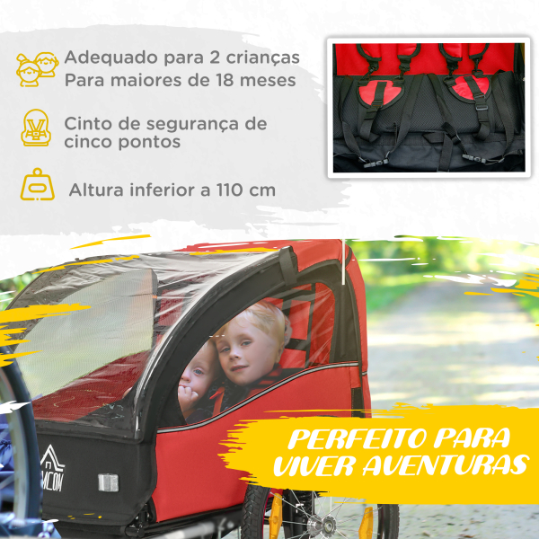 HOMCOM Reboque de Bicicleta para Crianças acima de 18 Meses Reboque de Bicicleta com 2 Lugares com Cinto de Segurança Espaço de Armazenamento e Sistema de Amortecimento 140x88x90 cm Vermelho - Image 6