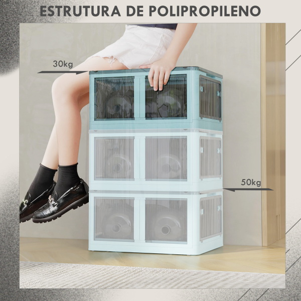 HOMCOM Caixa de Armazenamento Empilhável com Tampa 69L Caixa Organizadora Dobrável com Rodas 60x42x34 cm Azul - Image 7