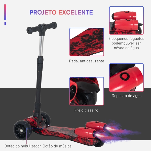 HOMCOM trotinete dobrável para crianças acima de 3 anos com altura ajustável em 4 níveis luzes musica e Nevoeiro de água 61x26x63-81 cm Vermelho - Image 6