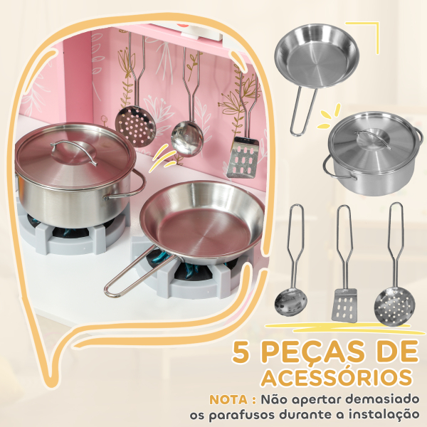 AIYAPLAY Cozinha de Madeira para Crianças com Sons Fogão Forno Micro-Ondas Máquina de Gelo e Acessórios 90x33,3x91,6 cm Rosa - Image 7