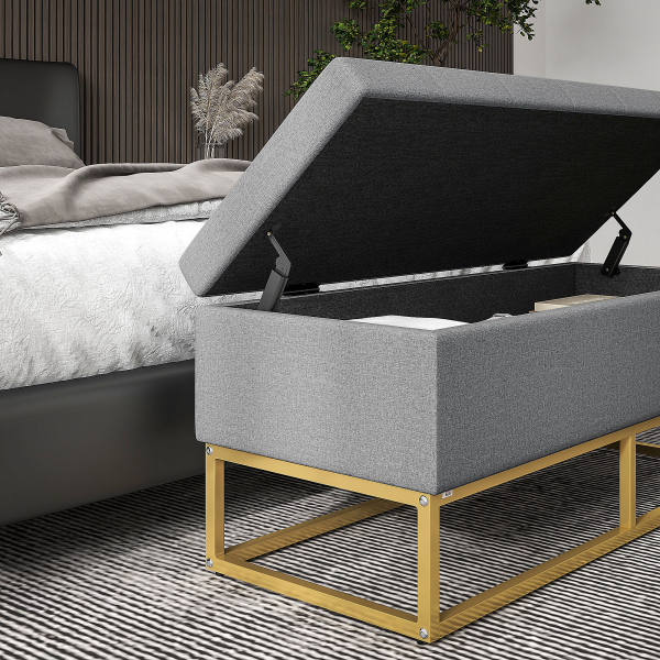 HOMCOM Banco de Armazenamento Retangular Estofado em Linho com Pés de Aço para Sala de Estar Dormitório 110x44x48 cm Cinza - Image 9