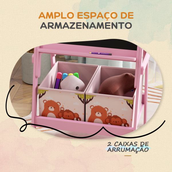 AIYAPLAY Cavalete para Crianças 2 em 1 Arsósia Infantil com Dupla Face 2 Caixas de Arrumação com Estampa em Animais 49x53,5x113 cm Rosa - Image 5