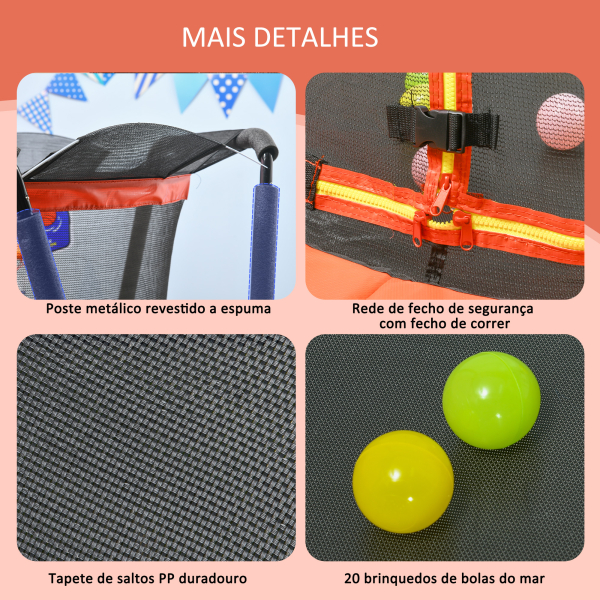 ZONEKIZ Trampolim Infantil Ø140x155 cm Trampolim para Crianças de 3-10 Anos com Cesta de Basquetebol e 20 Bolas de Plástico Vermelho - Image 6