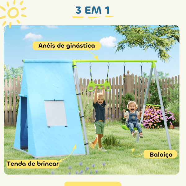 AIYAPLAY Baloiço para Crianças 3 em 1 Baloiço para Jardim Exterior com Baloiço Anéis de Ginástica e Tenda 283x180x182 cm Verde - Image 4