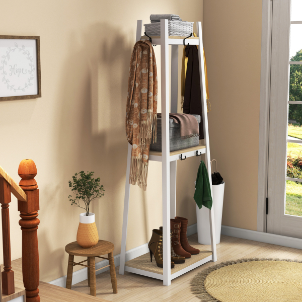 HOMCOM Suporte para Cabides de 3 Níveis Suporte para Cabides com 6 Ganchos e Prateleiras para Entrada Corredor 61x41x165 cm Natural - Image 7