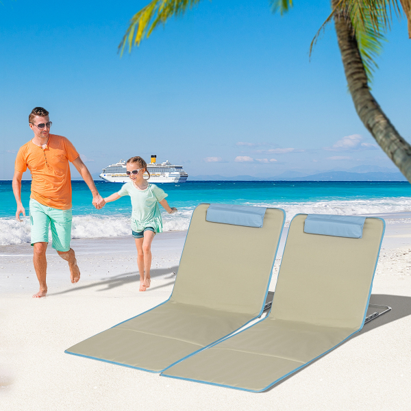 Outsunny Conjunto de 2 Esteiras de Praia Dobráveis 124x53x50cm com Encosto Ajustável e Apoio para a Cabeça Esteira de Praia Tecido Oxford Aço com Bolsa de Transporte Bege e Azul - Image 2