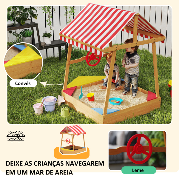 AIYAPLAY Caixa de Areia para Crianças em Forma de Barco com Toldo e Assentos Caixa de Areia para Exterior 133x101x141 cm Madeira - Image 5