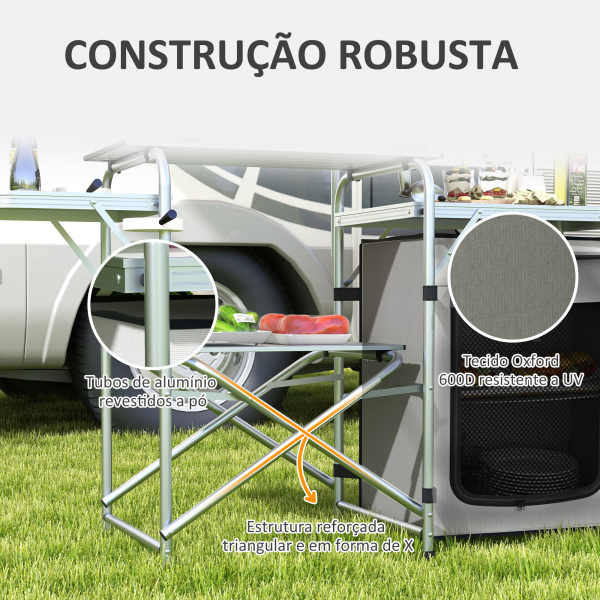 Outsunny Móvel de Cozinha para Campismo Dobrável com Mesas Estante Suporte de Luz e Ganchos 144x48x119 cm Prata e Cinza Claro - Image 7