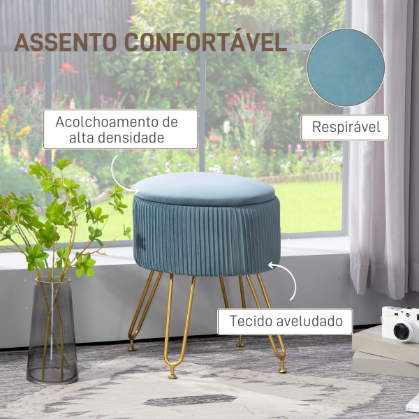 HOMCOM Puff de Armazenamento Estofado em Veludo Banco de Armazenamento com Pés de Aço Ø40x48 cm Azul Claro - Image 6