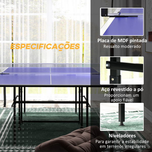 SPORTNOW Mesa de Ping Pong Dobrável com 4 Rodas Rede 2 Raquetes e 3 Bolas para Interior e Exterior 274x152,5x75,5 cm Azul - Image 7