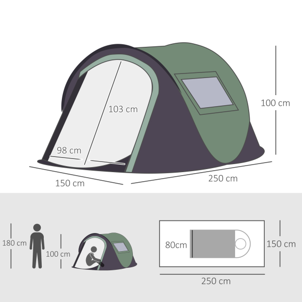 Outsunny Tenda de Campismo Pop-Up para 2 Pessoas Tenda de Campismo com Bolsa de Armazenamento Portátil 250x150x100 Verde e Preto - Image 3