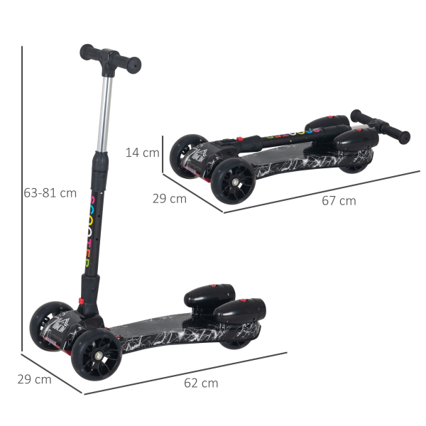 HOMCOM Trotinete ajustável em altura de 4 níveis dobrável com luzes musica Nevoeiro de água para crianças acima de 3 anos 61x26x63-81 cm Preto - Image 3
