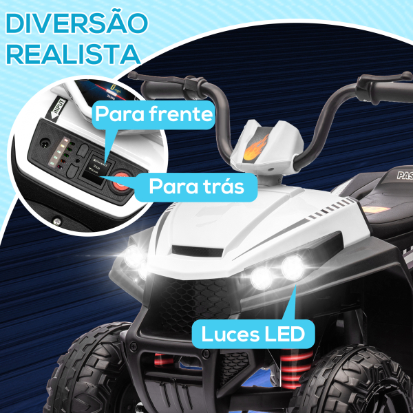 AIYAPLAY Quadriciclo Elétrico para Crianças com Bateria 12V Faróis e Música Carga 30 kg 85x55,5x62 cm Branco - Image 5