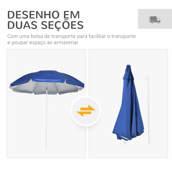 Outsunny Chapéu de Sol de Praia com Painel Lateral Manivela Manual Teto Inclinável 2 Bolsos e 2 Janelas Ø191x211 cm Azul - Image 5