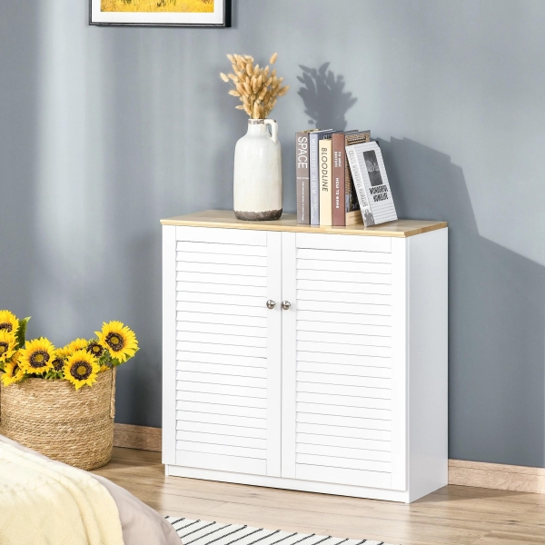 HOMCOM Aparador de 2 Portas Desenho de Persiana com Prateleira Ajustável Armário Auxiliar de Armazenamento Moderno para Sala de Estar Dormitório 80x30x78,5cm Branco - Image 8