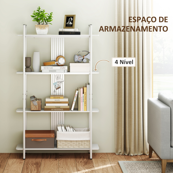 HOMCOM Estante de 4 Níveis Estante para Livros com Painel Perfurado e Estrutura Metálica 100x35x160,5 cm Branco - Image 5