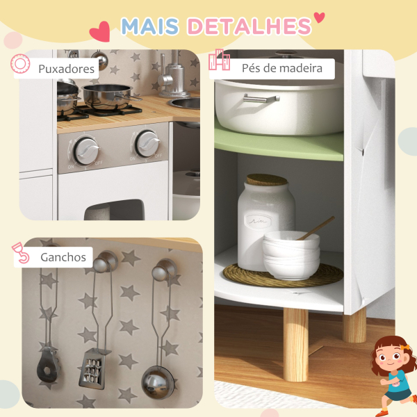 AIYAPLAY Cozinha de Madeira para Crianças com Máquina de Gelo Lavatório de Aço Inoxidável e Utensílios 84x34x89 cm Branco - Image 7
