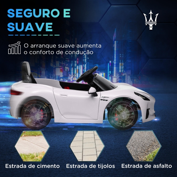 AIYAPLAY Carro Elétrico para Crianças Maserati Gran Turismo Folgore 12V Controlo Remoto Faróis Buzina e Música MP3 98x59x43 cm Branco - Image 6
