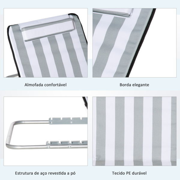 Outsunny Conjunto de 2 Esteiras de Praia com Encosto Reclinável em 5 Níveis Bolsa de Transporte e Apoio de Cabeça 48x134x33-43 cm Branco e Cinzento - Image 7