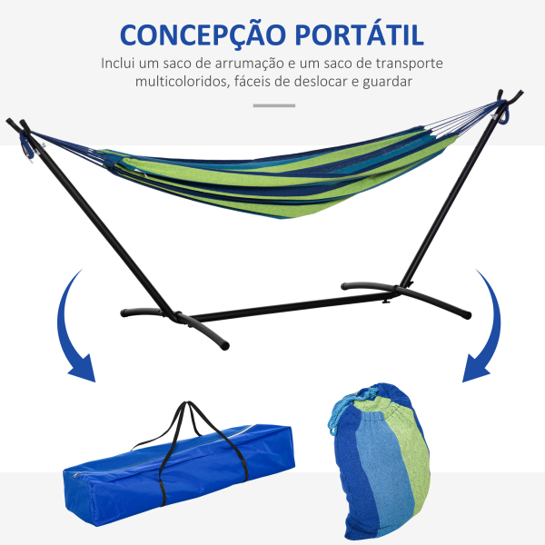Outsunny Cama Rede com Suporte 310x117 cm com Bolsa de Transporte Altura Ajustável Capacidade 120 kg para Campismo Pátio Verde e Azul - Image 7