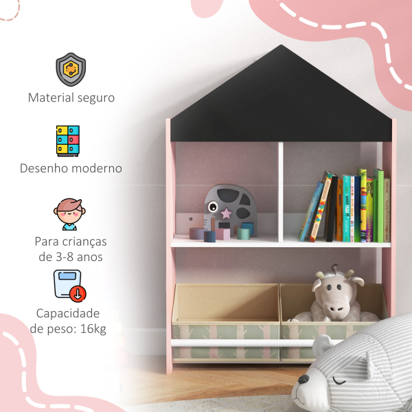 ZONEKIZ Estante para Brinquedos Organizador Infantil com Prateleiras Abertas e 2 Caixas de Tecido não Tecido Amovíveis 62,4x26,5x90 cm Rosa - Image 7