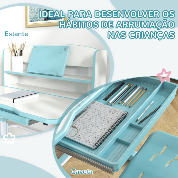 ZONEKIZ Conjunto de Secretária e Cadeira para Crianças com Altura Ajustável e Ângulo da Mesa Ajustável 80x54,5x82-104 cm Azul - Image 5