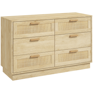 HOMCOM Cómoda para Quarto Cómoda de Madeira com 6 Gavetas de Vime Estilo Boêmio para Corredor Escritório 110x40x69 cm Carvalho