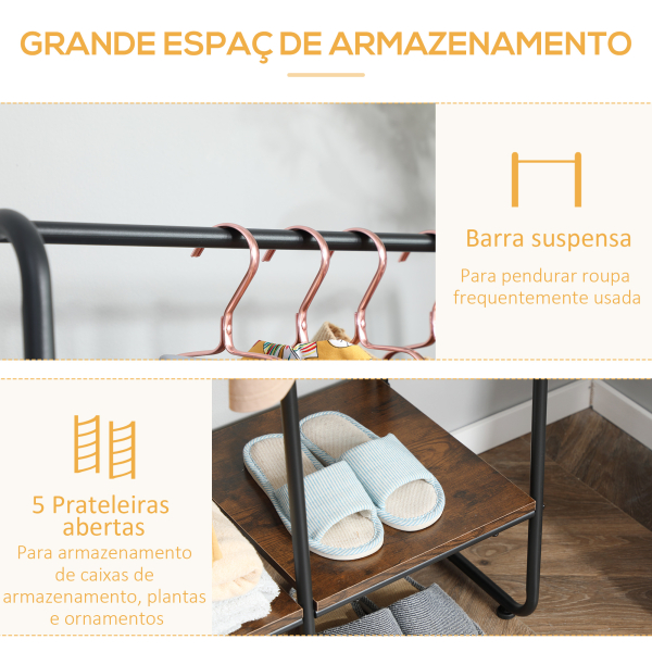 HOMCOM Suporte para Cabides com 4 Prateleiras de Armazenamento e Barra de Pendurar Estilo Industrial 101x39x160cm Marrom e Preto - Image 6