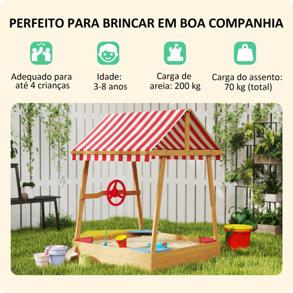 AIYAPLAY Caixa de Areia para Crianças em Forma de Barco com Toldo e Assentos Caixa de Areia para Exterior 133x101x141 cm Madeira - Image 8