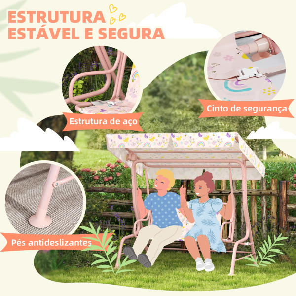 AIYAPLAY Baloiço de Jardim para Crianças com 2 Lugares Toldo Ajustável Cinto de Segurança e Desenho de Borboletas 112x75x120 cm Rosa - Image 4