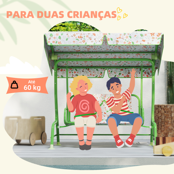 AIYAPLAY Baloiço de Jardim para Crianças com 2 Lugares Toldo Ajustável Cinto de Segurança e Desenho de Borboletas 112x75x120 cm Verde - Image 7