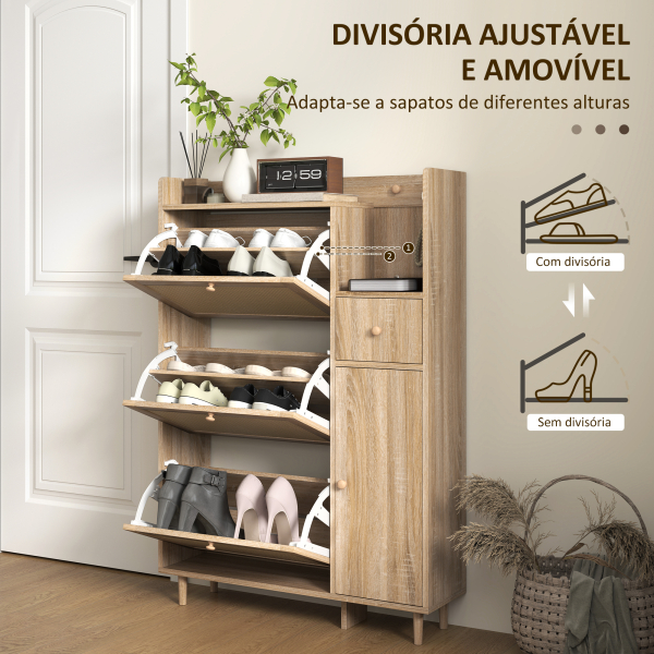 HOMCOM Móvel Sapateira com 3 Gavetas com Frente em Vime para 12 Pares de Sapatos Prateleiras Ajustáveis 80x23x120 cm Carvalho - Image 5