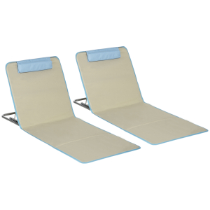 Outsunny Conjunto de 2 Esteiras de Praia Dobráveis 124x53x50cm com Encosto Ajustável e Apoio para a Cabeça Esteira de Praia Tecido Oxford Aço com Bolsa de Transporte Bege e Azul