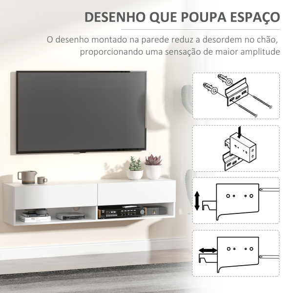 HOMCOM Móvel de TV de Parede com 2 Compartimentos e 2 Armários com  para Televisores de 60 Polegadas 140x32x31 cm Branco - Image 5