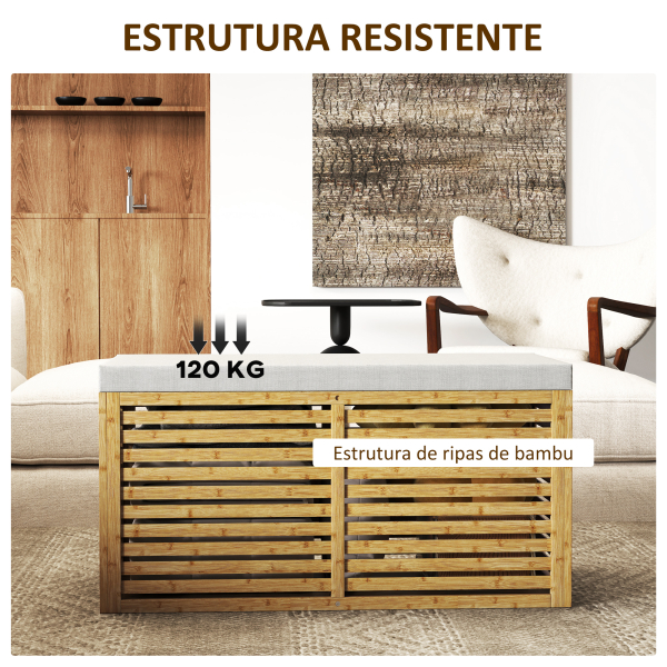 HOMCOM Baú de Arrumação para Dormitório 122L Estofado em Linho Sintético com Almofada Estrutura de Bambu 90x42x43 cm Cinza e Madeira - Image 6