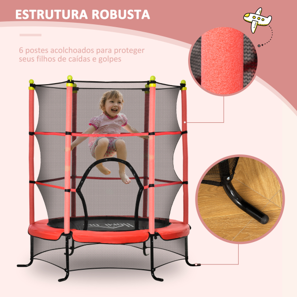 HOMCOM Trampolim para Crianças acima de 3 Anos Cama Elástica Infantil com Rede de Segurança e Estrutura de Aço para Interiores e Exteriores Carga 45kg 163x163x163 cm Vermelho - Image 6
