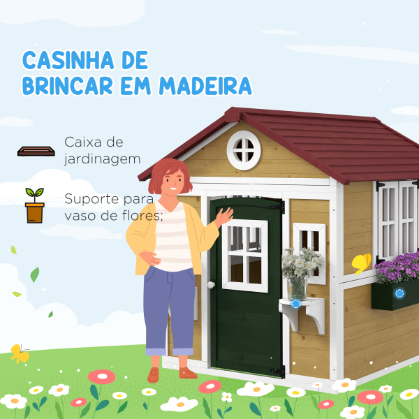 Outsunny Casa de Madeira para Crianças Casa de Brincar Infantil para Jardim  com Porta Janelas e Floreiras 114x126,5x135 cm Multicor - Image 4