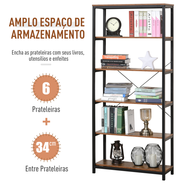HOMCOM Estante estilo industrial com 6 prateleiras abertas para sala de estar Escritório 80x30x180 cm Castanho Rústico - Image 5