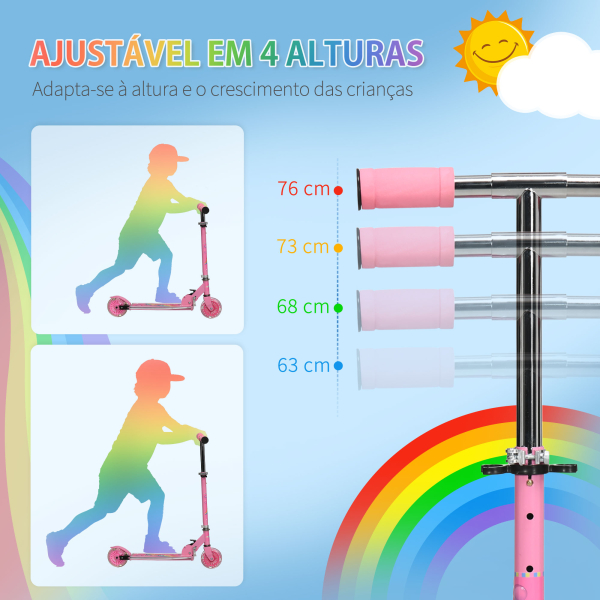 HOMCOM Trotinete para Crianças Dobrável com Luzes e Música 4 Alturas Ajustável Rodas Brilhantes e Pedal LED 67x32x65-78 cm Rosa - Image 5
