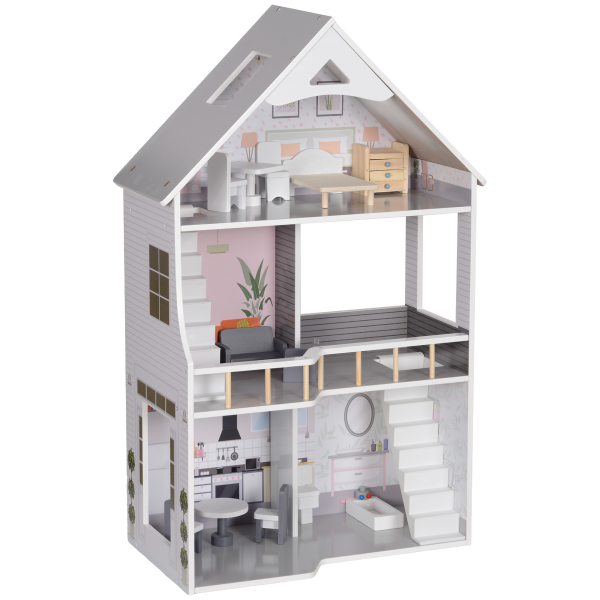 AIYAPLAY Casa de Bonecas com Móveis e Acessórios Casa de Bonecas de Madeira com 3 Andares  53,5x29,1x85,3 cm Multicor