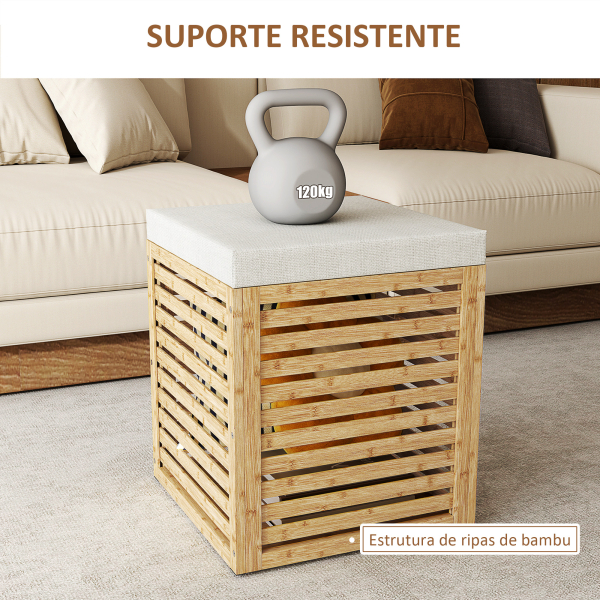 HOMCOM Banco com Armazenamento 57,7L Banco com Arrumação Estofado em Linho Sintético com Estrutura em Bambu 40x40x47 cm Cinza e Madeira - Image 6