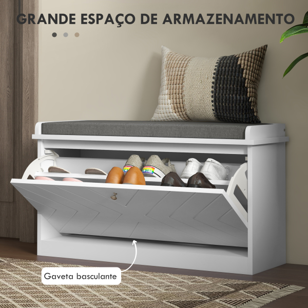 HOMCOM Banco Sapateira Moderno de Madeira com Prateleiras Ajustáveis e Almofada Acolchoada para 8 Pares de Sapatos 80x26x44,5 cm Branco - Image 4