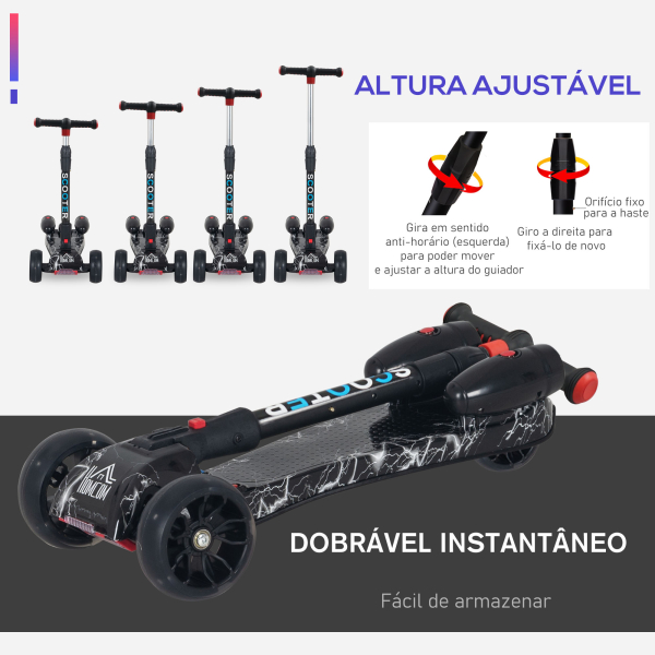 HOMCOM Trotinete ajustável em altura de 4 níveis dobrável com luzes musica Nevoeiro de água para crianças acima de 3 anos 61x26x63-81 cm Preto - Image 5