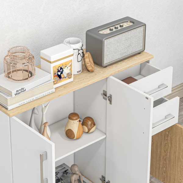 HOMCOM Aparador Sala de Estar Moderno com 2 Gavetas 2 Armários e Prateleiras Ajustáveis 90x30x75,5 cm Branco e Madeira - Image 8