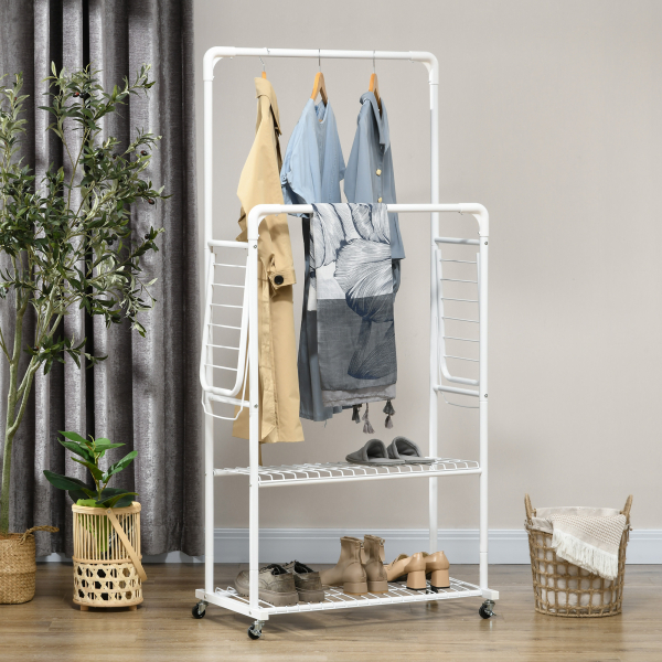 HOMCOM Charriot de Roupa com Rodas com 2 Laterais Dobáveis 2 Trilhos e 2 Prateleiras de Armazenamento 153x43,7x171 cm Branco - Image 6