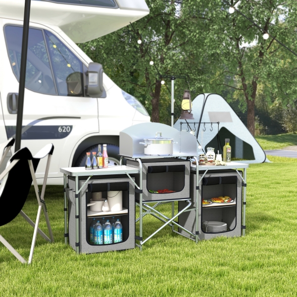 Outsunny Móvel de Cozinha para Campismo Armário Dobrável com 3 Tampos 3 Armários Suporte de Luz 4 Ganchos 172x48x119 cm Cinza - Image 2