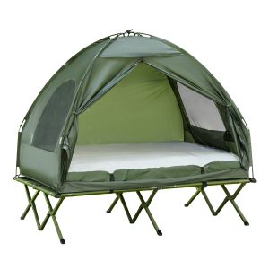 Outsunny Cama Dupla de Campismo Dobrável com Tenda 2 em 1 Cama de Campismo Elevada com Colchão Inflável e Bolsa de Transporte Tecido Oxford Aço 193x145x180cm Verde