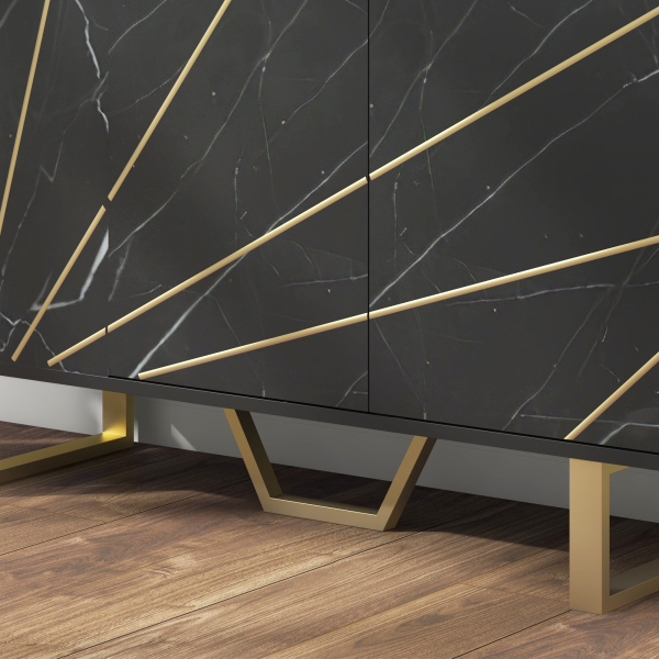 HOMCOM Aparador de Sala de Estar com 2 Armários e Prateleira Interior Ajustável com Efeito Mármore 107x35x75 cm Preto e Dourado - Image 9